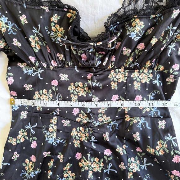 For Love & Lemons Floral Satin Mini Dress XS Lace Puff Sleeve Retail $239 - Picture 14 of 15